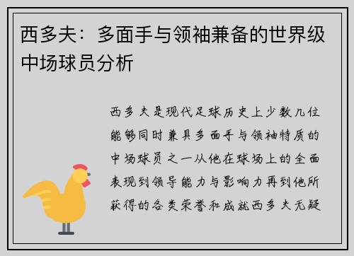 西多夫:多面手与领袖兼备的世界级中场球员分析 西多夫:多面手与领袖兼备的世界级中场球员分析