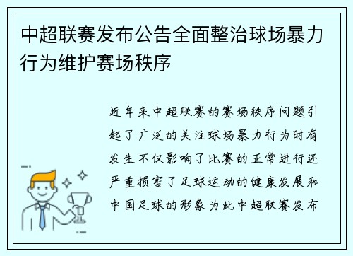 中超联赛发布公告全面整治球场暴力行为维护赛场秩序 中超联赛发布公告全面整治球场暴力行为维护赛场秩序